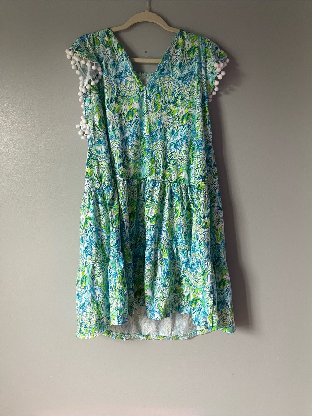 Lilly Pulitzer Blue & Green Tropical Print Pom Pom Sleeve Dress XL